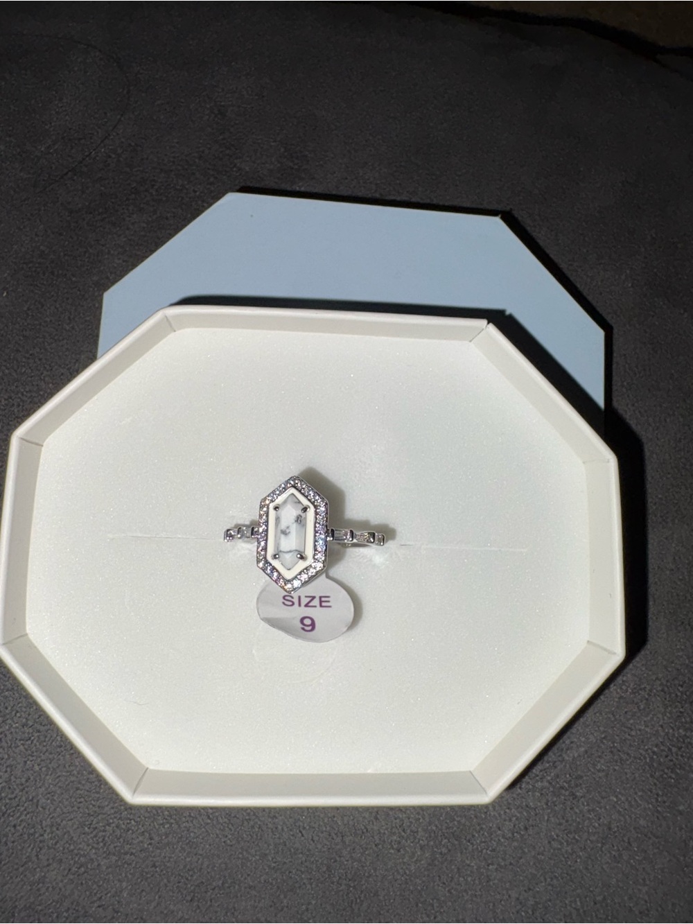 Sterling Silver Hexagonal White Stone Ring with PavΓ© Accents - Size 9